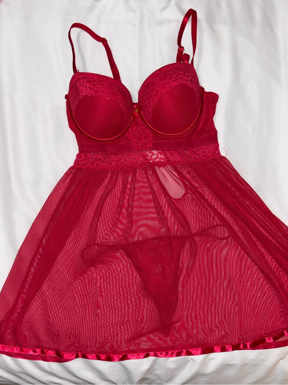 Sexy Red Lace & Mesh Babydoll Chemise with Matching Thong